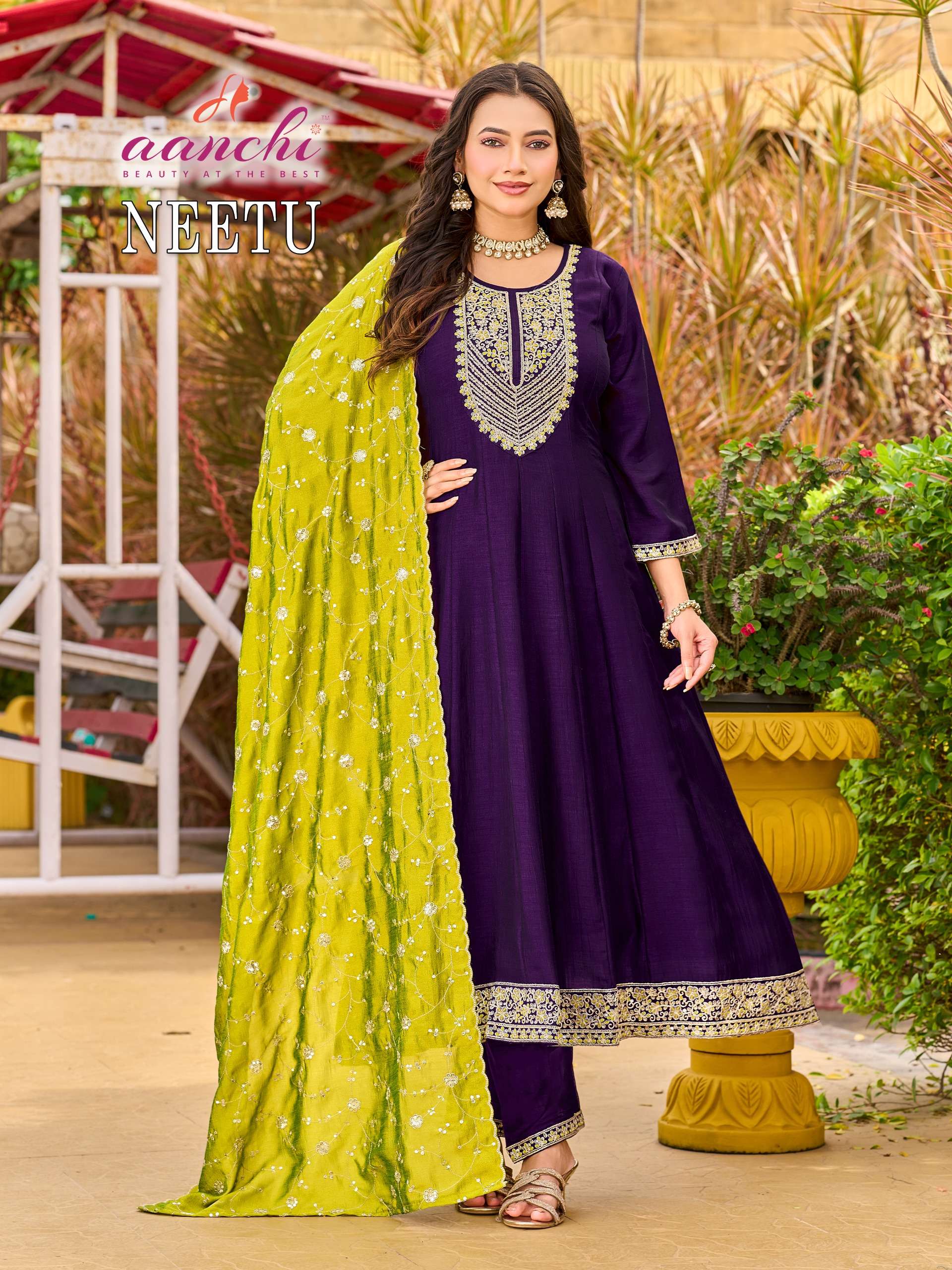 AANCHI NEETU BRANDED VICHITRA SHIMMER ANARKALI TYPE READYMADE SUIT SUPPLIER
